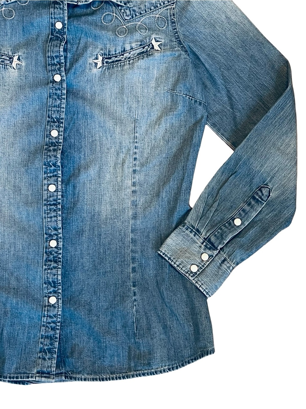 Wrangler Retro Women’s Sz M Denim Western Shirt Embroidered Pearl Snap - Picture 7 of 13